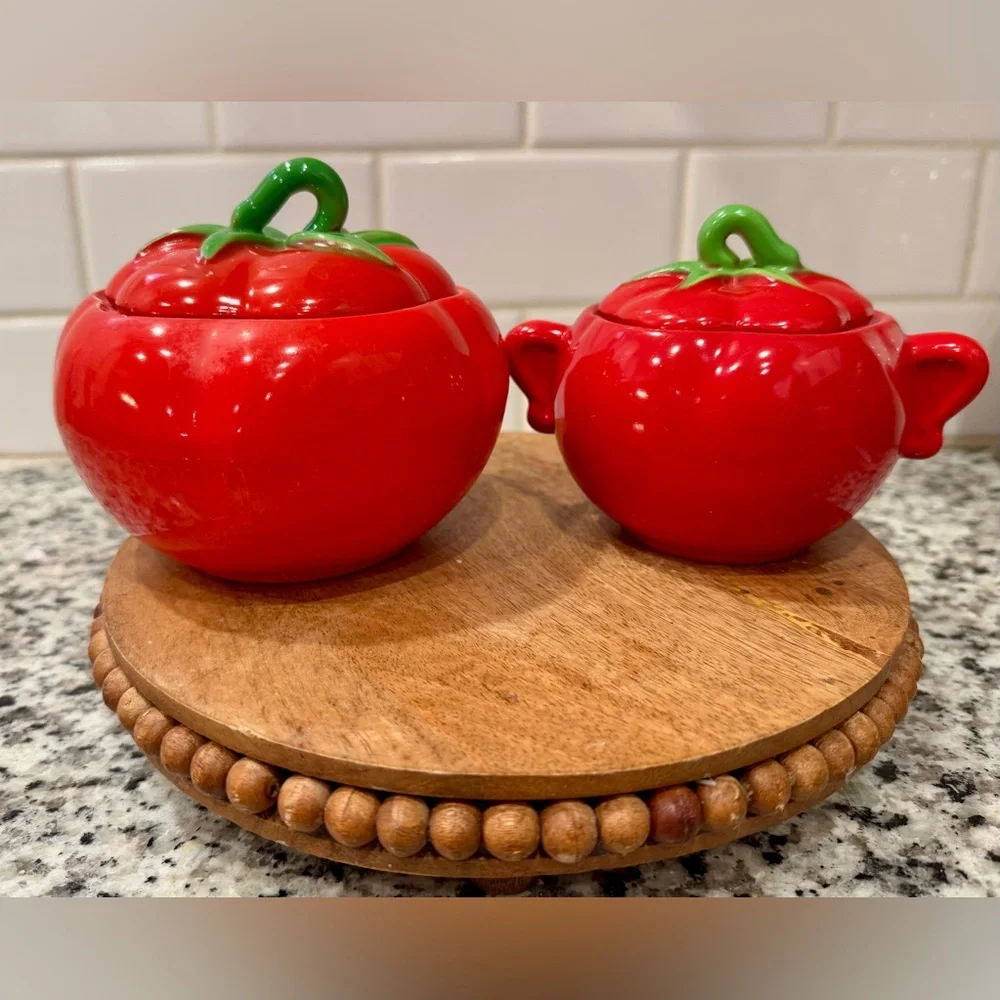 Vintage Pantry Parade Tomato Lidded Ceramic Condiment Jar &‎ Sugar Bowl
